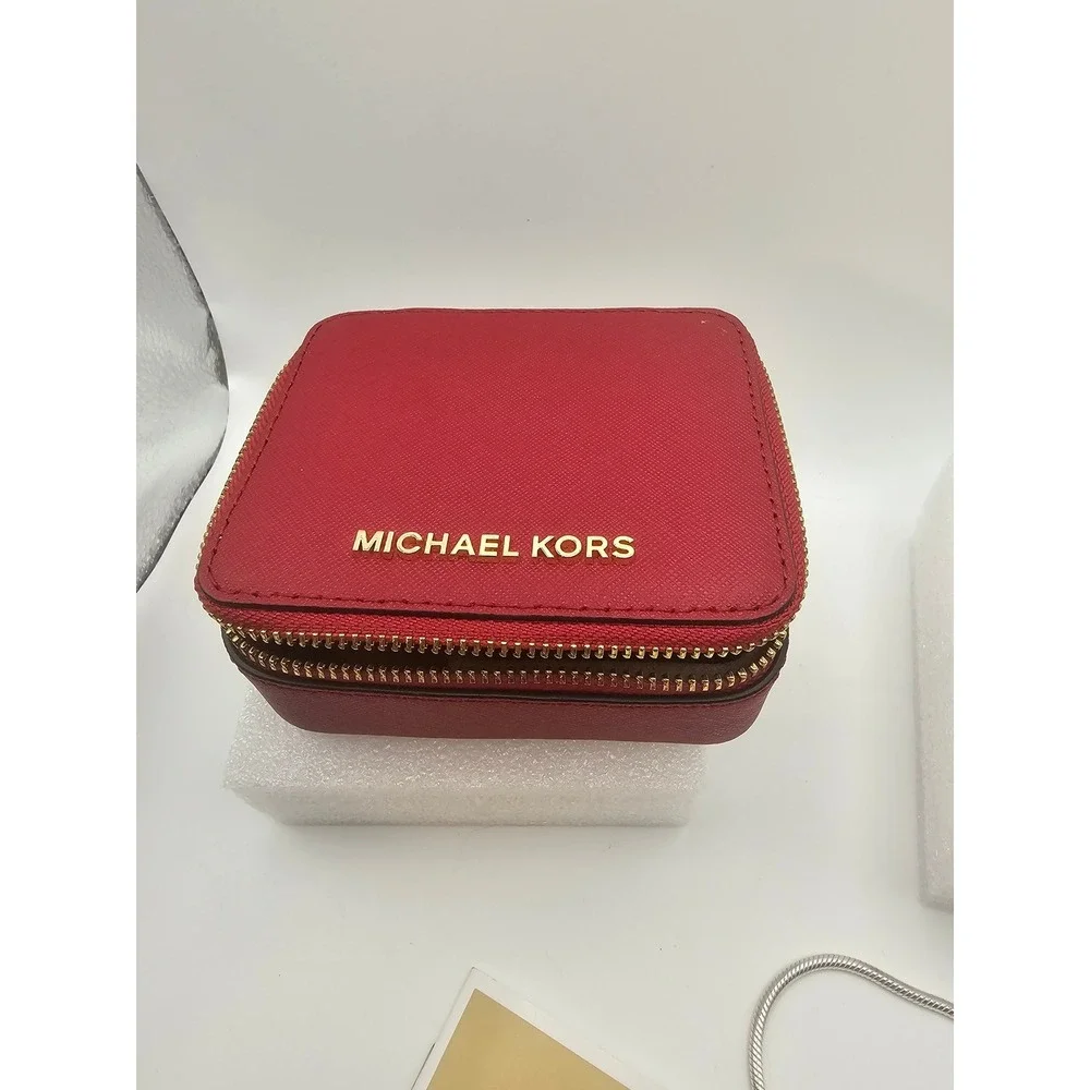 Michael Kors Red Saffiano Leather Travel Jewelry Case Organizer Gold Tone Zip
